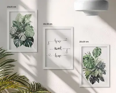 Watercolor Monstera Leaves Home Sweet Home wall art set 3 piece set