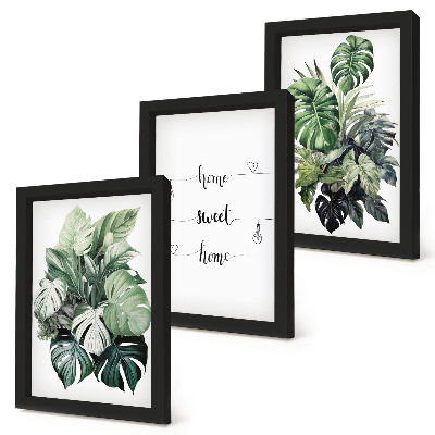 3-piece wall art set Watercolor Monstera Leaves Home Sweet Home