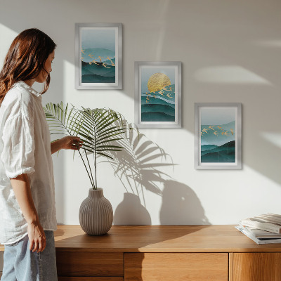 Photo frame wall Abstract landscapes of sun waves and flying birds