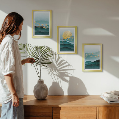 Photo frame wall Abstract landscapes of sun waves and flying birds