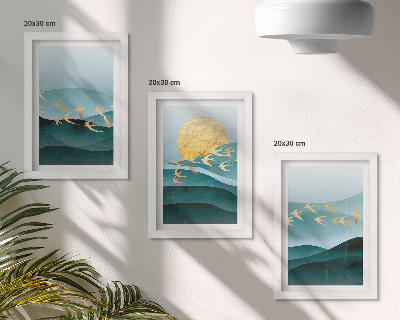 Photo frame wall Abstract landscapes of sun waves and flying birds