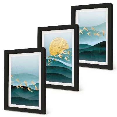 Photo frame wall Abstract landscapes of sun waves and flying birds