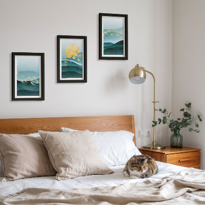 Photo frame wall Abstract landscapes of sun waves and flying birds