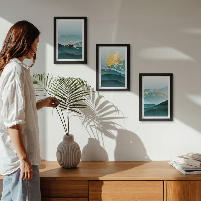 Photo frame wall Abstract landscapes of sun waves and flying birds