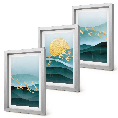 Photo frame wall Abstract landscapes of sun waves and flying birds