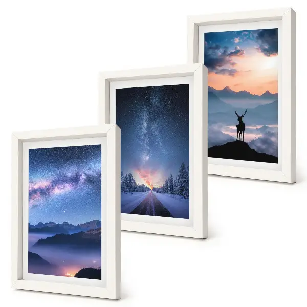 Night sky and mountain landscape triptych framed artwork featuring deer in a foggy mountain scenery