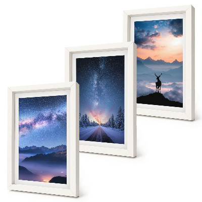 Framed triptych Night sky, mountains, landscapes in the fog and deer