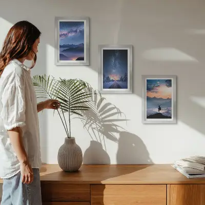 Night sky and mountain landscape triptych framed artwork featuring deer in a foggy mountain scenery