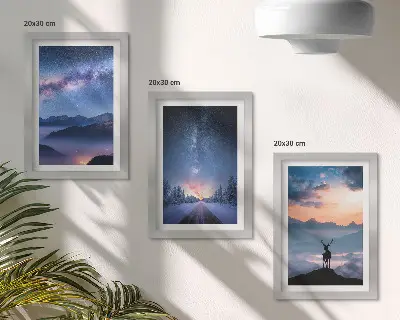 Night sky and mountain landscape triptych framed artwork featuring deer in a foggy mountain scenery