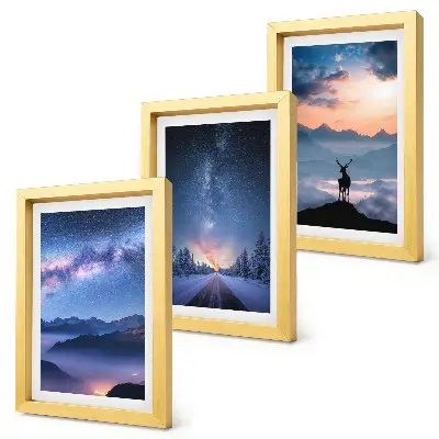 Night sky and mountain landscape triptych framed artwork featuring deer in a foggy mountain scenery