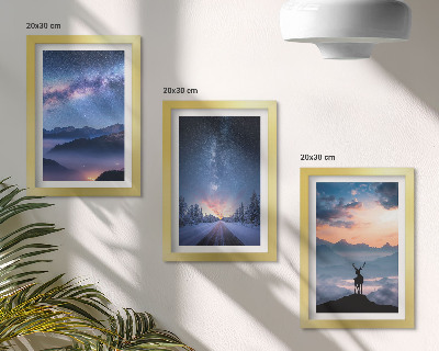 Framed triptych Night sky, mountains, landscapes in the fog and deer