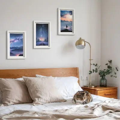 Night sky and mountain landscape triptych framed artwork featuring deer in a foggy mountain scenery