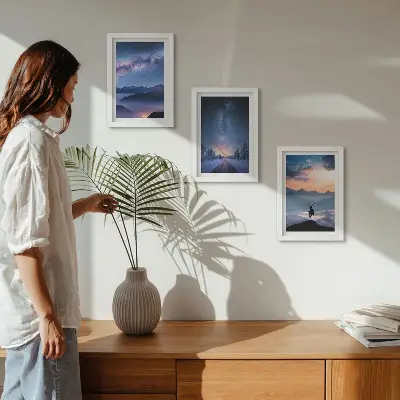 Night sky and mountain landscape triptych framed artwork featuring deer in a foggy mountain scenery
