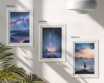 Framed triptych Night sky, mountains, landscapes in the fog and deer