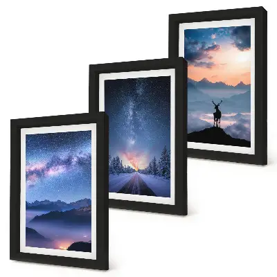 Night sky and mountain landscape triptych framed artwork featuring deer in a foggy mountain scenery