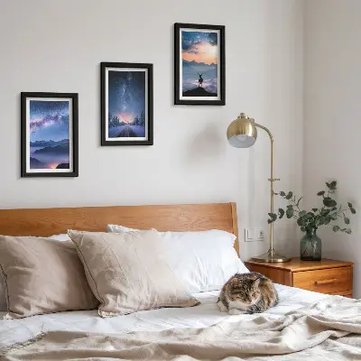 Night sky and mountain landscape triptych framed artwork featuring deer in a foggy mountain scenery