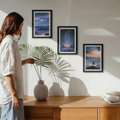 Night sky and mountain landscape triptych framed artwork featuring deer in a foggy mountain scenery