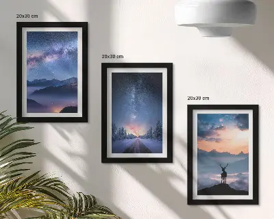 Night sky and mountain landscape triptych framed artwork featuring deer in a foggy mountain scenery