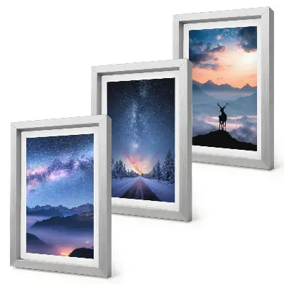Night sky and mountain landscape triptych framed artwork featuring deer in a foggy mountain scenery