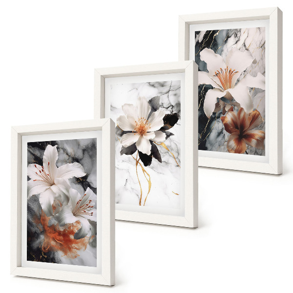 3-piece wall art set Flowers on a marble background in shades of white and black