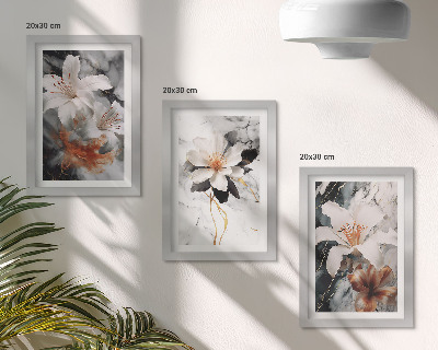 3-piece wall art set Flowers on a marble background in shades of white and black