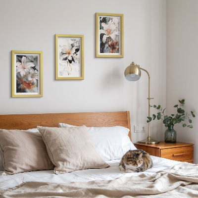 3-piece wall art set Flowers on a marble background in shades of white and black