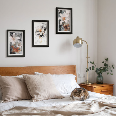3-piece wall art set Flowers on a marble background in shades of white and black