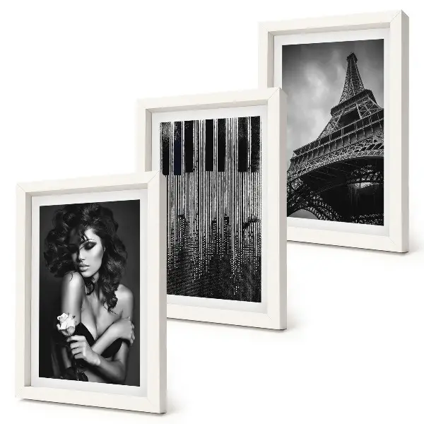 Framed triptych portrait of a woman with a rose featuring the Eiffel Tower and a piano pattern