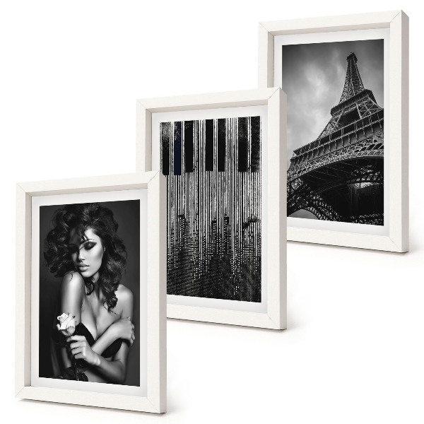 Framed triptych Portrait of a woman with a rose, the Eiffel Tower, and a piano pattern