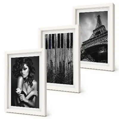Framed triptych portrait of a woman with a rose featuring the Eiffel Tower and a piano pattern