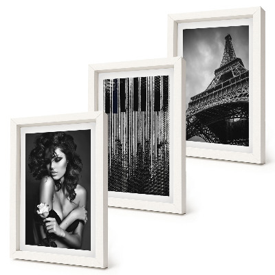 Framed triptych Portrait of a woman with a rose, the Eiffel Tower, and a piano pattern