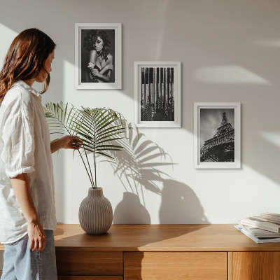 Framed triptych Portrait of a woman with a rose, the Eiffel Tower, and a piano pattern