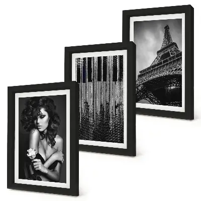 Framed triptych portrait of a woman with a rose featuring the Eiffel Tower and a piano pattern