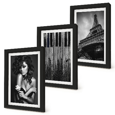 Framed triptych Portrait of a woman with a rose, the Eiffel Tower, and a piano pattern
