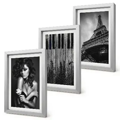 Framed triptych portrait of a woman with a rose featuring the Eiffel Tower and a piano pattern