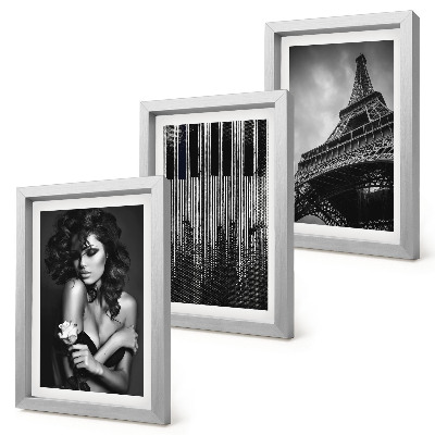 Framed triptych Portrait of a woman with a rose, the Eiffel Tower, and a piano pattern