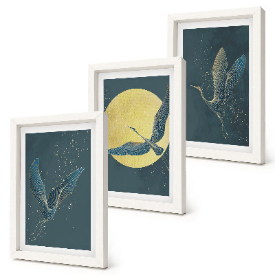 3-piece wall art set Crane birds in flight against the backdrop of the moon and stars