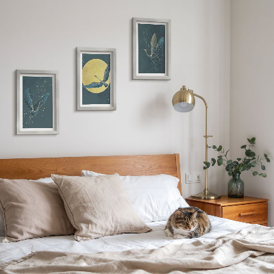3-piece wall art set Crane birds in flight against the backdrop of the moon and stars