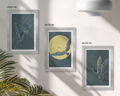 3-piece wall art set Crane birds in flight against the backdrop of the moon and stars