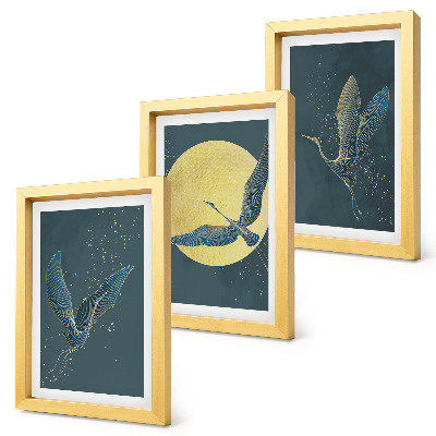 3-piece wall art set Crane birds in flight against the backdrop of the moon and stars