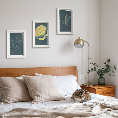 3-piece wall art set Crane birds in flight against the backdrop of the moon and stars