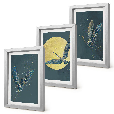 3-piece wall art set Crane birds in flight against the backdrop of the moon and stars