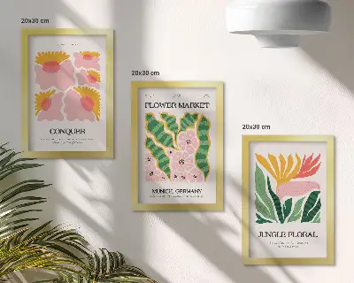 Photo frame wall with modern flower and leaf posters