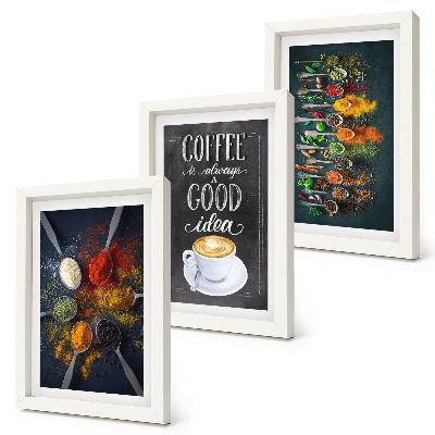 Framed triptych Spices coffee with a cup of kitchen herbs patterns