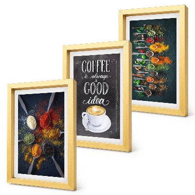 Framed triptych Spices coffee with a cup of kitchen herbs patterns