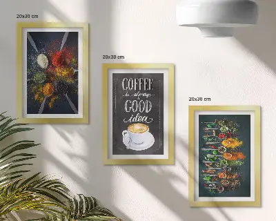 Framed triptych spices and coffee with kitchen herbs pattern