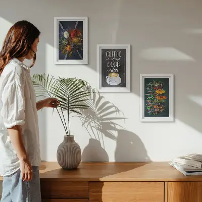 Framed triptych spices and coffee with kitchen herbs pattern
