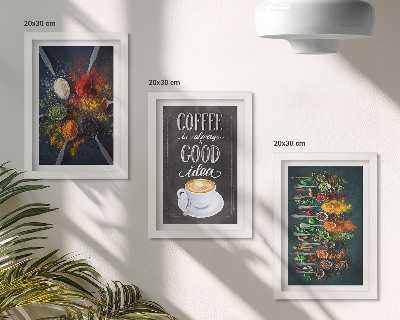 Framed triptych Spices coffee with a cup of kitchen herbs patterns