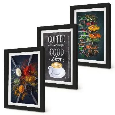 Framed triptych spices and coffee with kitchen herbs pattern