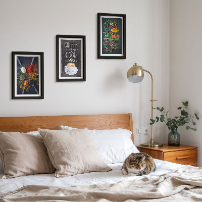 Framed triptych Spices coffee with a cup of kitchen herbs patterns